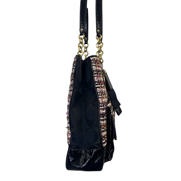 RARE COACH POPPY GALAXY TWEED TOTE PATENT LEATHER TRIM PUSHLOCK 2 TAGS & CHARM - Picture 5 of 15
